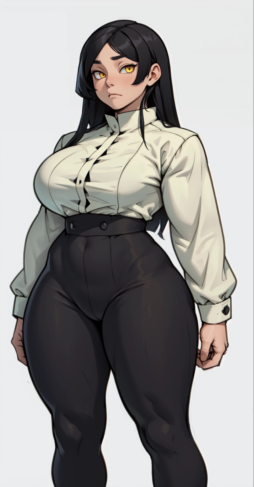 pale angry muscular girl thick breast black hair yellow eyes pantyhose tight shirt thick thick long straight hair