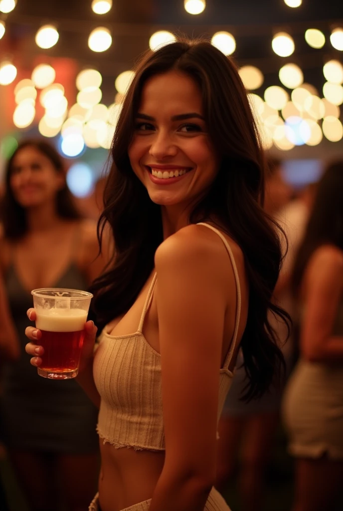 Isabela Merced, smiling, (big breasts), bob_cut hair, cleavage, red dress, holding a beer, a nice flower in the hair, (skin texture:1.1), (high detail face:1.1), high detail body, high detail clotheasterpiece), (realistic), ultra high definition, 4k, ultra high resolution