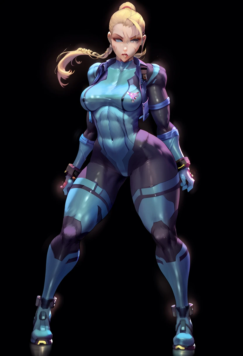 Generate an illustration of a mature Nina Williams, 1girl, looking slightly to the side, laying on knees, view from behind, perfect ass, ((Tekken)), blonde hair , (aletta ocean face), de terno preto, (bikini:1.3), ponytail hair, (large breasts:1.4), in anime format with a serious style, (purple camo bodysuit), ((purple bodysuit)), boots, gothic make up, masterpiece, ((dark lighting)), black background, (puffy lips),((slendered abs)), beautiful face,