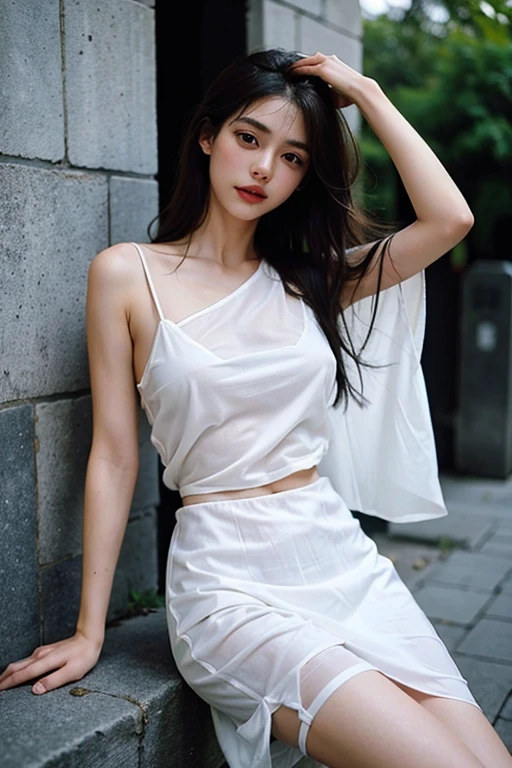 {{{ultra detail}}}, {{{realistic}}}, {{{depth of field}}}, whole body, from the side, head tilt, incredibly detailed, longuette, 1 woman, 30 years old, very long hair, Curly hair, high ponytail, light brown hair, beautiful and delicate hair, perfect face, Delicate arms and hands, slim legs, White skin, piercing, oversized clothes, big top sleeves, black pants, open clothes, cityscape, delicate background, blurred background, very delicate and beautiful, {{{wallpaper 8k CG}}}, {{{best quality}}}, {{{the greatest masterpiece}}},