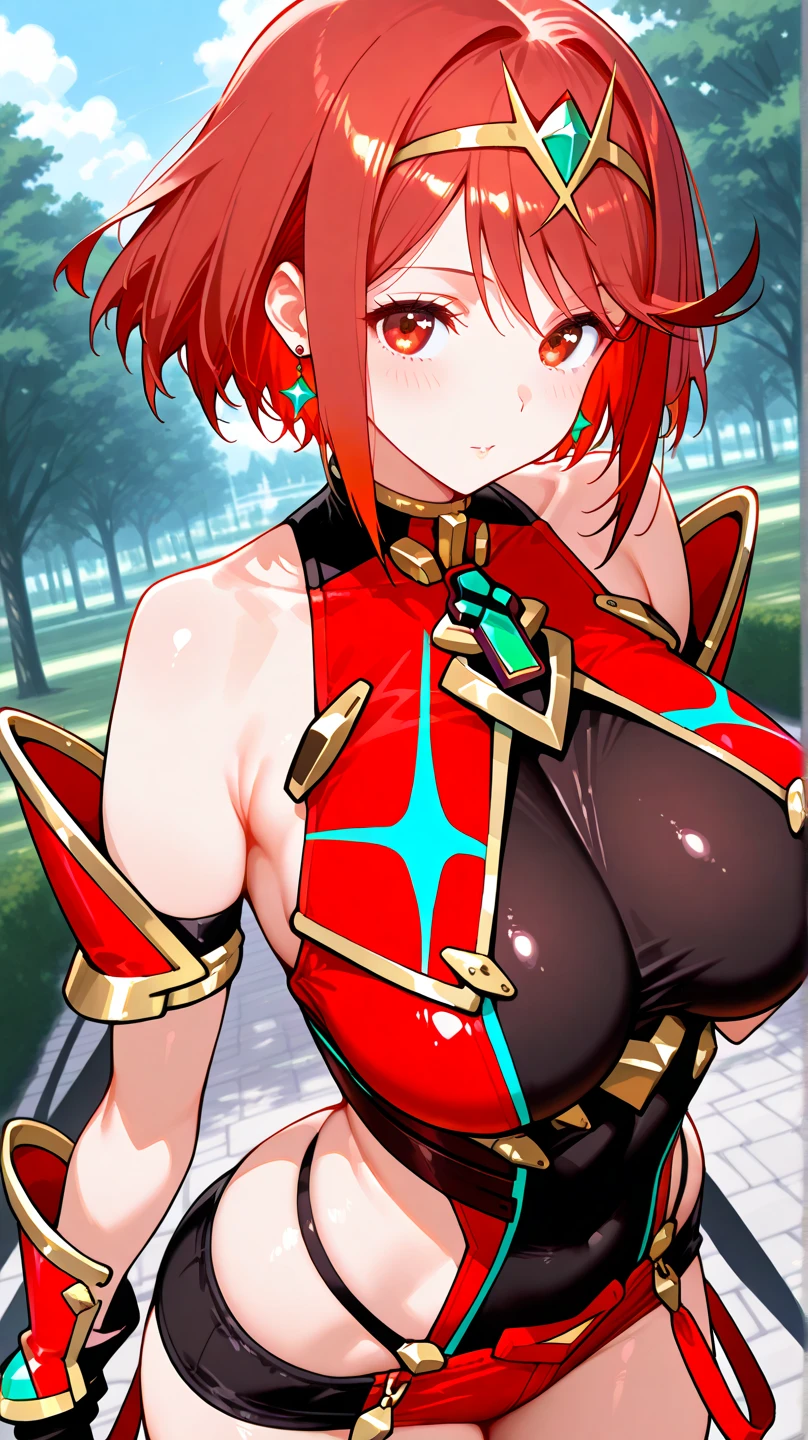pyra \(xenoblade\), young_teen_1girl, armor, bangs, black gloves, breasts, red eyes, closed mouth, earrings, eyelashes, fingerless gloves, floating hair, framed breasts, gem, gloves, hair ornament, headpiece, jewelry, big_breasts, leaning back, leotard, neon trim, official art, pose, red hair, red shorts, saitou masatsugu, short hair, short shorts, short sleeves, shorts, sidelocks, skin tight, solo, standing, swept bangs, thighhighs, tiara, night_prairie_background, turtleneck, underbust, vambraces, xenoblade chronicles \(series\), (xenoblade chronicles 2), apart_legs, fire_effect,dynamic_pose_fighting,light_smile, (plump:1.1), big_ass,huge_sword, hold_large_sword_hilt, solo, covered_nipples, covered_pussy,open_mouth,back_view,