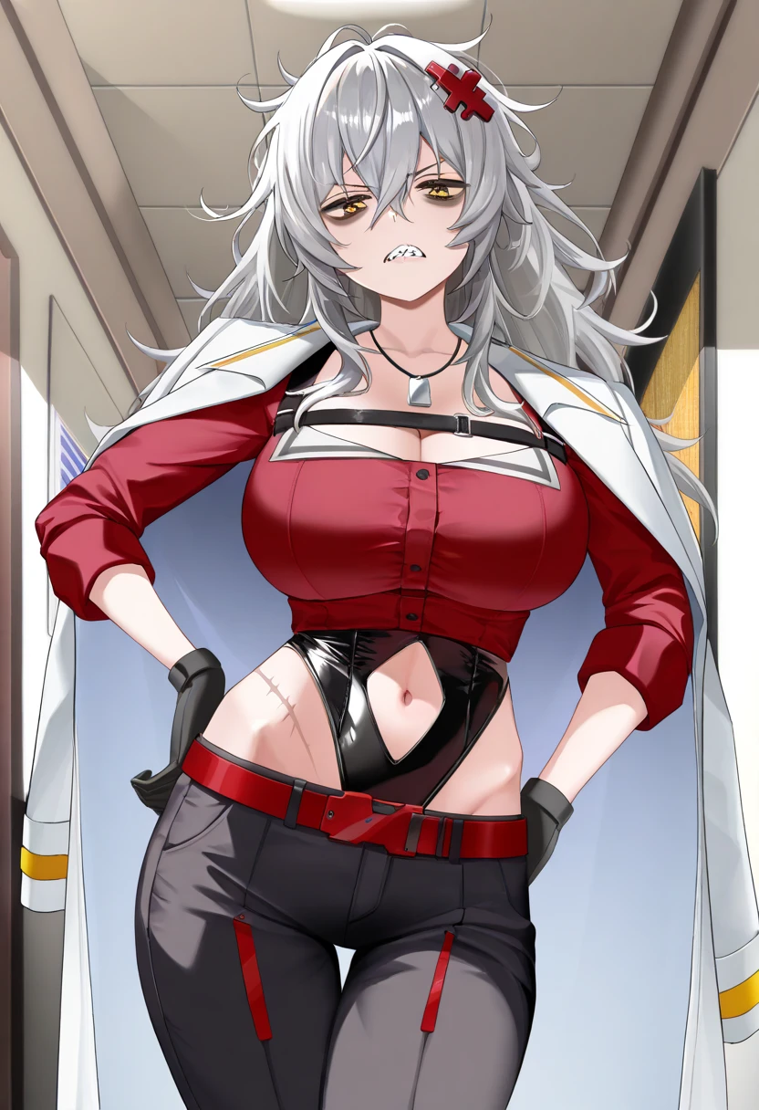 masterpiece, best quality, 1girl, solo frimadef, white shirt, red jacket, fur trim, open clothes, off shoulder, black pants, torn pants, necklace, sleep mask, standing, gigantic breasts, cleavage, loose shirt