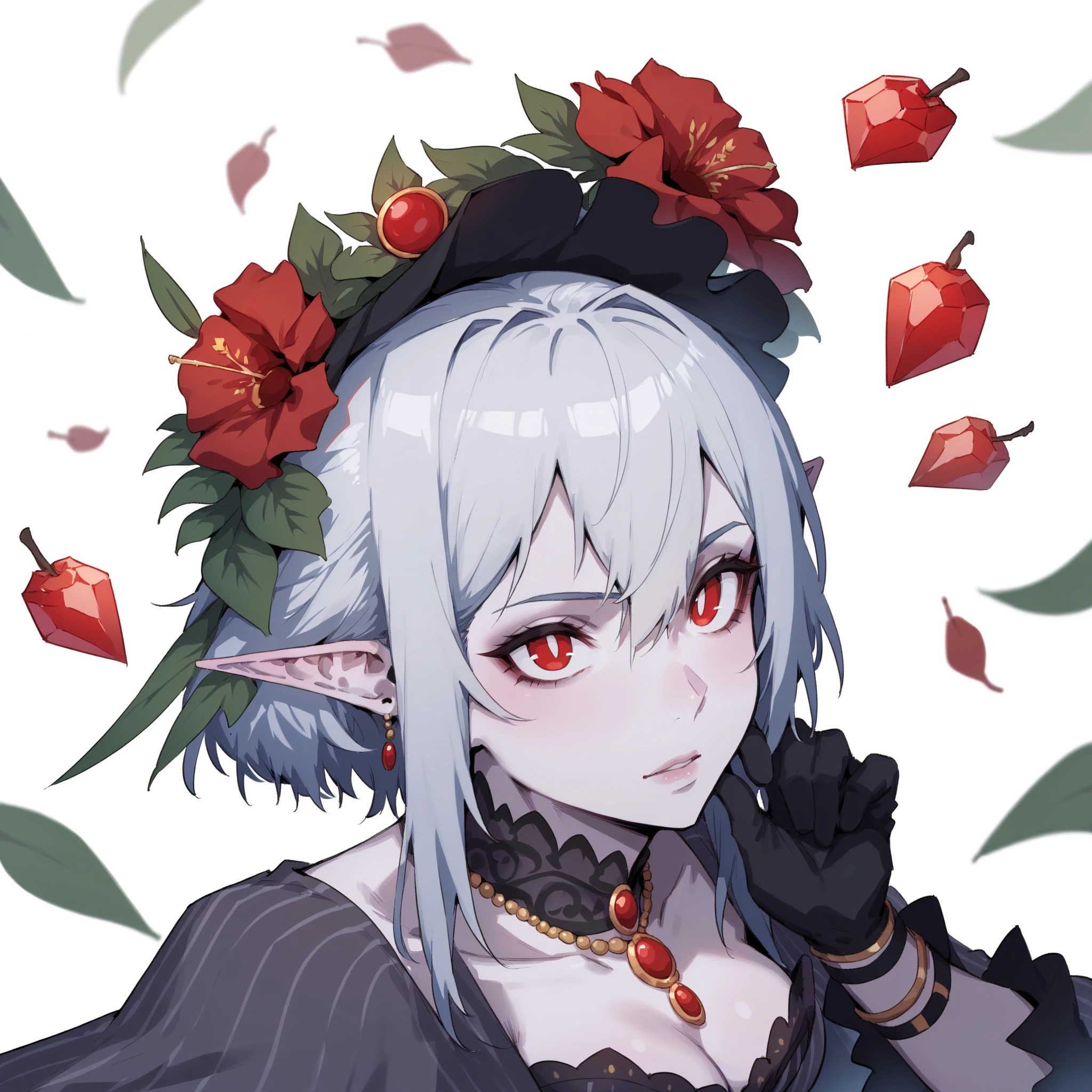 young man, (((male))), (((man))), (((one person))), single, solo, (((white colored hair))), (((red colored eyes))), ((blood red colored eyes)), (medium short hair), (((grey colored skin))), wavy hair, slim figure, ((flat chest)), ((wearing fantasy clothes)), fantasy style, (((wearing flowers in his hair))), ((flowers in hair)), ((pointy ears)), ((spiderlily flowers)), (sunny weather), smiling, dark red colored flowers, thorns, spikes, warm light, gold colored details, undead, (happy), (cute face), black colored blood, black ink, pocketwatch on a chain