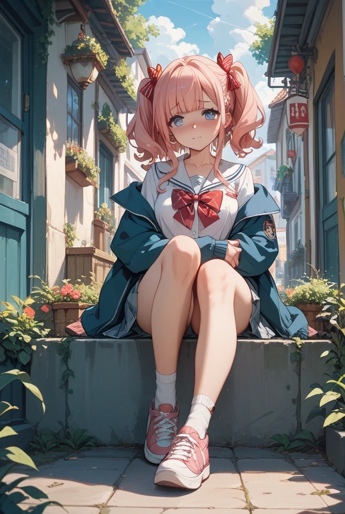 Arima Kana, sitting on top of a school desk, hands on each side supporting herself the desk, slight grin, looking at the viewer, facing the viewer. black knee socks, 1 girl, from below, wearing a Japanese school uniform, white collar, large red bowtie, blue beret hat, brown dress, medium breast(1.5), nice thighs, both feet down, red eyes, beautifully detailed eyes, galaxy eyes, reflection in eyes, best quality, light shadows, behind her is a window looking out to a few building of the city, it's sunny outside, sun casts a little shadow on the wall, best quality