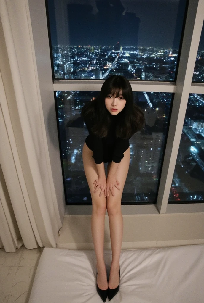 thin young teens, wet, defined thin thighs, dripping vagina, sexy laying poses, no pubic hair, full body shot, night city background, upskirt shot