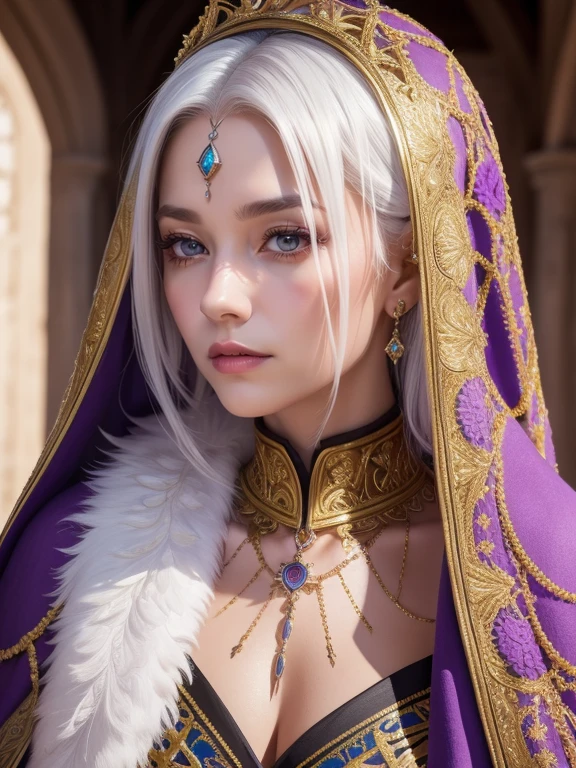 8K,超realistic,(table top, highest quality) Daniela Dimitrescu, 1 female, gray hair,looking for at Viewer, open your mouth, blonde hair, background, cleavage, skin that looks real,jewelry, Medium Small Breasted, 超sexyな外装, looking for, Upper body, flower, wing, teeth and fangs, hood, necklace, cape, good, compensate, bug, Lipstick, inside the black cave, precious stones, white skin, veil, hood up, realistic, black lips,Super high resolution,Purple Flame(Purple effect),very big breasts,rich colors, Backlight, cinematic lighting, film grain, born, 50mm lens, Nikon D850,realistic skin,golden eyes,sexy,Inside the dark castle,