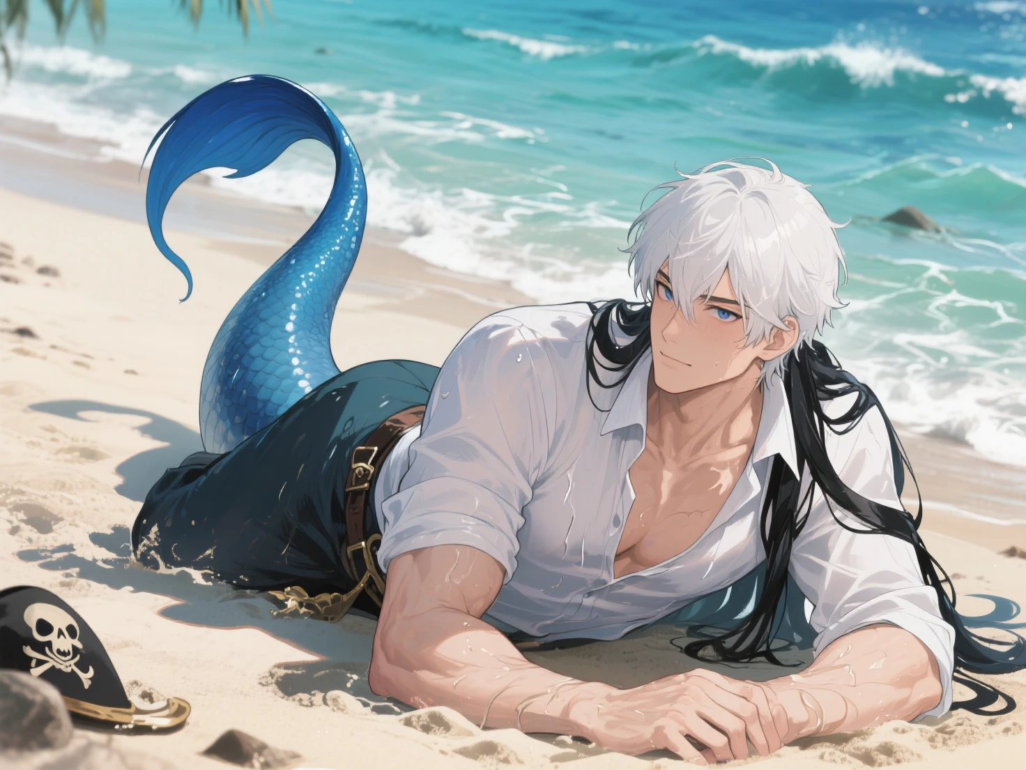 A human male with white hair and a mermaid woman 