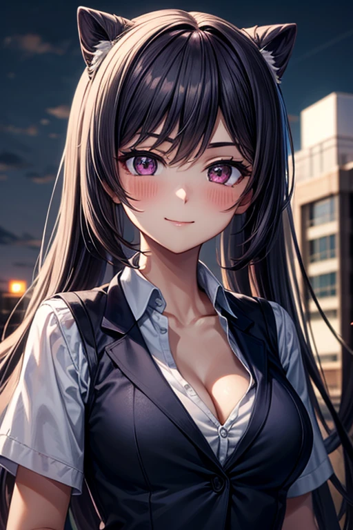 (Masterpiece:1.2), (best quality:1.1, (High quality:1.3), very detailed 8k CG unit wallpaper, depth of field, HDR, realistic, very detailed:1.2, complicated, Highly detailed:1.2, ผู้หญิงsexy, big breasts, office woman, white shirt, Lace underwear, Chest groove, black short skirt, Black suit shirt, long hair,pink eyes, Blue On, Eye details:1.5, shadow sound details:1.2, light:1.1, ผิวพลันbeautifulงาม, smiling, cute, beautiful, sexy, office background