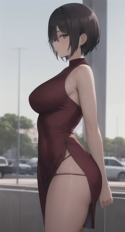 、(masterpiece、Highest quality)、Highest quality, Ultra-high resolution, (((masterpiece))), alone, Sweat、Big eyes, Please show me your armpits, No sleeve、Outdoor、Floral dress、Composition from the front、（Cut the back hair short、short hair、blonde、woman）、Shortcuts、Embarrassed face、Cut your hair short、可愛いwomanの子、Big Breasts