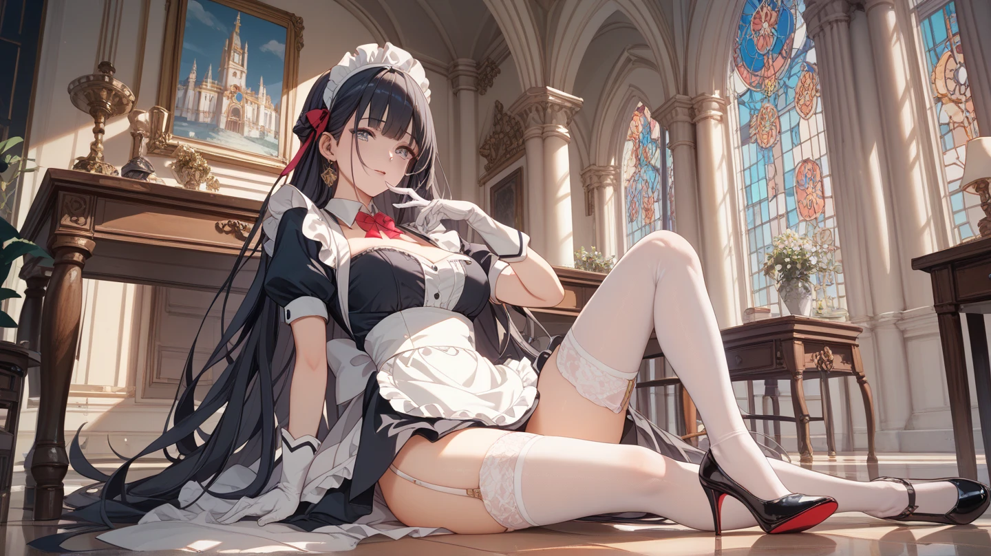 (Angle from below), Masterpiece、Highest quality、Highest quality, (long and thin legs, shoes:1.2), squat、Spread your legs with both hands、1 girl, (smile、Open your mouth大笑い:1.2), Cute eyes, (Detailed face:1.3)、Open your mouth, The whole face turns red, alone, Oversized breasts, Big and ample breasts, (Straight bangs), White maid outfit、(Bust only super micro bikini:1.2)、Side bust、Underbust、belly button、Walking through the mansion'corridor、nsfw、shoes下