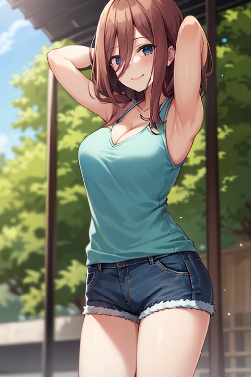 Sonozaki Misao Sonozaki, masterpiece, best quality, a sexy mature woman laying on the bench on a park ground, 1girl, white crop top tee, solo, shorts, denim, breasts, covered nipples, denim shorts, outdoors, smile, bare shoulder, cleavage, photo background, short shorts, sitting,