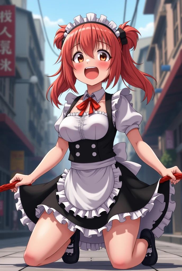 (anime style),masterpiece, best quality, extremely detailed,10Year old,tanned skin,dark skin, Beautiful body,baby face,Large breasts,BREAK,multicolored colorful RED hair,flipped short hair,for head,BREAK,black eyes,best smile,open mouth,detailed lips,BREAK,cotton White big ribbon,pigtails,BREAK,ripped cotton White maid clothes,sandals,childish pose,break,head tilt,(open mouth,biting tongue, holding back, stifling laughter,smile,stupefied)