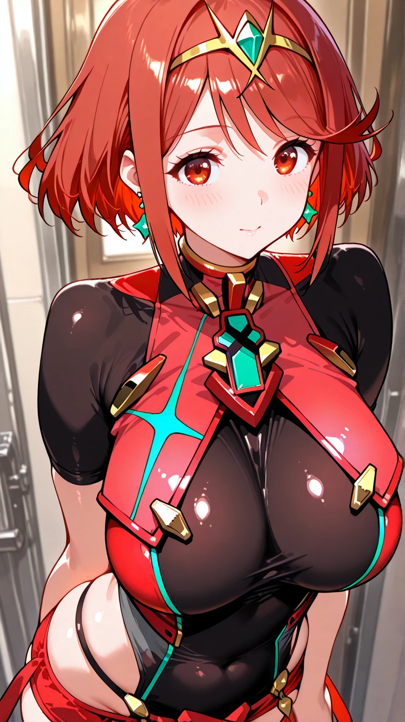 best quality, masterpiece, 1 girl, devil girl, smiling, (red colored skin:1.2), (bright red eyes:1.3), (black devil horns:1.4), long hair with bangs, tattooed body, black and red bikini with cloak, (standing in cyberpunk style cafe:1.3), view of the city from window, (medium breast, under boobs:1.2)