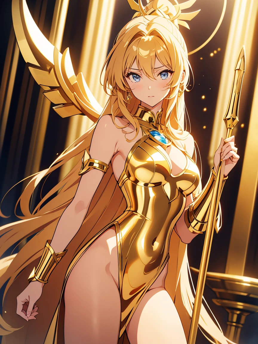 (MASTERPIECE), (Best Quality), (Ultra Detail), Official Art, One Girl, Loli with Golden Hair, Petite Little Girl, Priestess Lori, See-through Robe in White and Red and Gold, Off Shoulder, Small, Small, Small, Cleavage, Underboob, Thigh Focus, Navel Out, Card Illustration, Cathedral