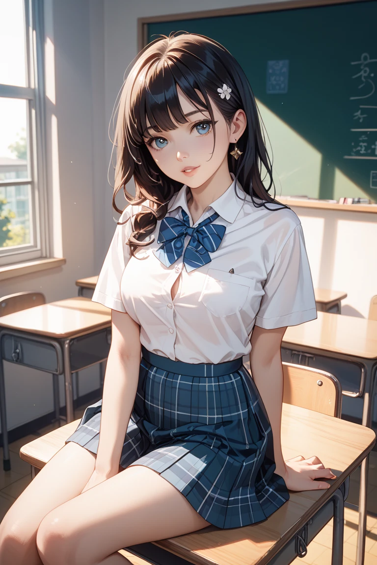 (Masterpiece: 1.3), (Maximum resolution: 1.2), (Ultra HDTV: 1.2), Cinema light, Ultra HDTV, (Detailed eyes and skin), (Detailed facial features), HDR, 8k resolution, Sharp Focus: 1.2, Perfect style, beautiful face, accurate, anatomically correct, highly detailed face and skin texture, detailed eyes, Dark-blue eyes, double eyelids, thin eyebrows, glitter eyeliner: 1.2, natural cheeks, glossy skin, fair skin: 1.2, shiny little necklace and earrings, (glossy lips: 1.4), BREAK, first-person-view, (she is high school student), (Wearing a Button up shirt, pleated mini skirt, Navy tie, high socks), (seductive smile: 1.2), (Looking at me), ((Innocent and Cute girl:1.2)), (layered Hairstyle, wavy hair, Light-brown hair, bangs flowing diagonally), medium long hair, (Full body shot: 1.2), focus on face, ((Very intimate relationships: 1.2)), (medium large breasts), (((In a classroom during class: 1.6))), ((Sitting on the school chair with one's legs crossed:1.4)), from the side,