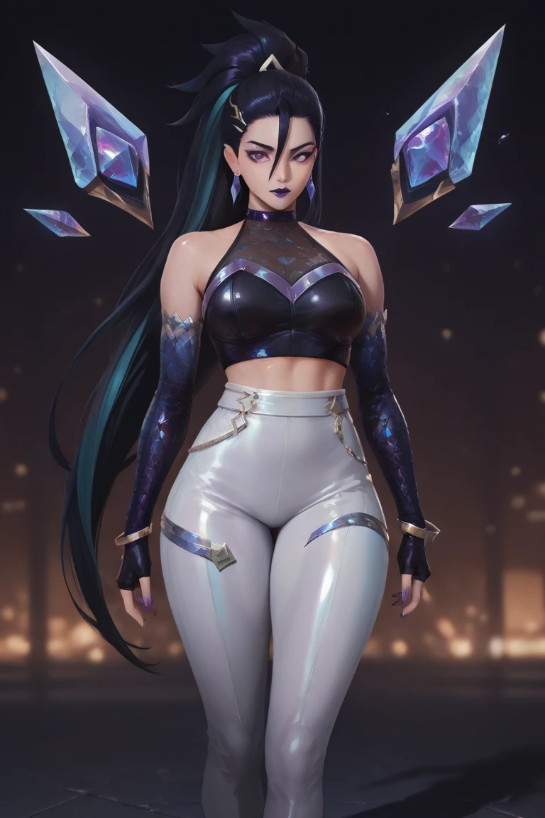 score_9, score_8_up, 3D render, Blender style, 3d beautiful face, gorgeous face, perfect lips, perfect eyes, masterpiece, high detail, (large soft breasts:1.5), venus body, (voluptuous body:1.3), bubble butt, (perfect round butt:1.5), (thick girl:1.6) ,
thinking
1girl, purple eyes, long hair, hair pulled back, ponytail, lipstick, hair between eyes, earrings, cowboy shot,
stage,
solo, eyes at viewer,  standing, front view
<lora:Kaisa:0.5> <lora:KDA_AllOut_KaiSa_PonyXL:0.3> kdaalloutkaisa, 1girl, solo, k/da \(league of legends\),, ponytail, hair ornament, very dark hair, multicolored hair, very long hair, hair between eyes, hairclip, two-tone hair, bangs, streaked hair, hair pulled back, asymmetrical bangs,, purple eyes, eyeshadow, lipstick, lips, purple lips, mascara,, choker, jewelry, earrings, crop top, halterneck, detached sleeves, fingerless glove, elbow gloves, purple nails, bracelet, nail polish,, midriff, bare shoulders, navel, wings, crystals, , high-waist pants, tight pants, white pants, high heel boots,