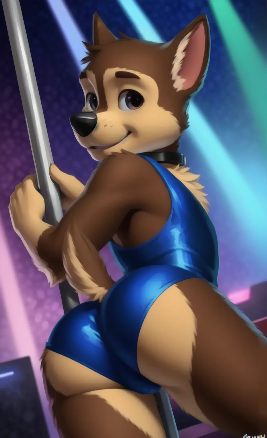 Detailed, ultra detailed, detailed eyes, ultra detailed eyes, masterpiece, (beagle, furry, female, thick:1.5), (solo:1.5), (skinny, collar and leash:1.5), (brown eyes, half-closed eyes, light blush:1.5), (medium breasts:1.5), (slutty pose, slutty eyes, slutty mouth:1.5), (skimpy stripper:1.5), background, detailed background, (strip club, stage, pole:1.5), (by zaush:1.5), by meesh, by jrjresq, by minus8, by zackary911, by pudgeruffian, (by chunie:1.05), by canaryprimary