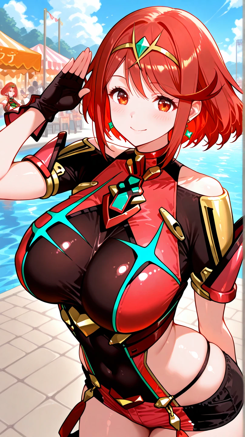 masterpiece, best quality, absurdres, highres, newest, 1girl, solo, <lora:pyra-xb-richy-v1_ixl:1> prsum, red eyes, red hair, short hair, tiara, earrings, chest jewel, huge breasts, one-piece swimsuit, black swimsuit