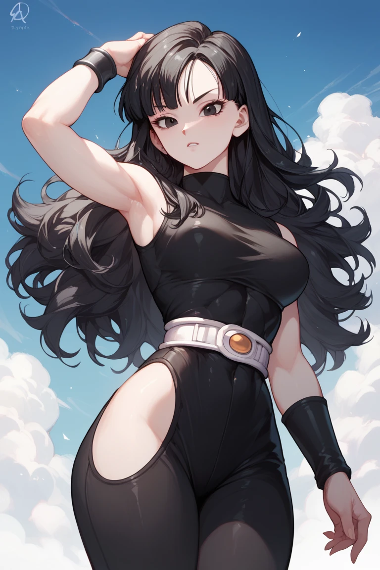 1girl, sexy, black hair, long hair, Medium breasts, red eyes, clothes black, dragon ball super, anime