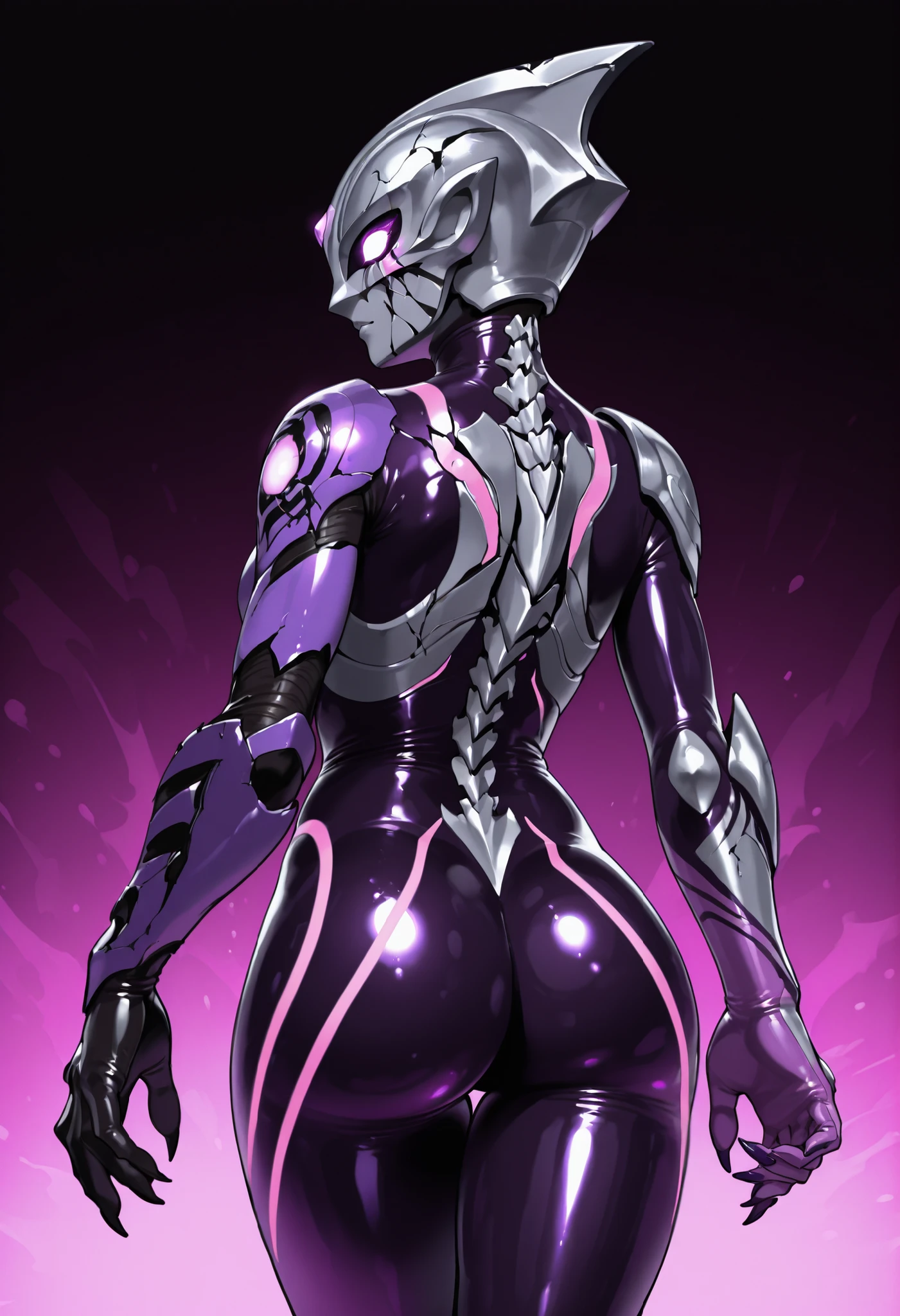 Dark Ultraman Girl. Full-face helmet head. Purple glowing eyes. Blank eyes. Glossy. Black image color. Purple decoration. Pink lines. Latex bodysuit. Cracked tattoos. Asymmetrical arms. Armored arms. Sharp claws. Back. Butt. Spine armor.