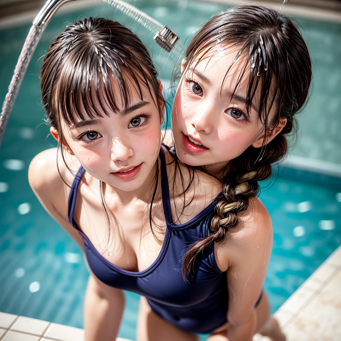 SFW, (Snapshot of girls kissing face to face in an open shower room by the pool), Braid hair, With bangs、(School Swimwear), the body is covered with juice、Sweating、be sweaty、Wet pearl skin, ((Wet swimsuit)), Perfect Lighting, Clear Focus, (bokeH:1.4), Roundly butts, { (shower:1.7) | Overflowing Gigantic sideboob | Butt cruck | (from above:1.4) }, hidden hands BREAK (NOGIZAKA girls) ((Extremely Detailed very KAWAII face variations)), perfect anatomy, Childish, captivating gaze, elaborate detailed Eyes with (sparkling highlights:1.2), long eyelashes、Glossy RED Lips with beautiful details, Coquettish tongue, Rosy cheeks . { (Dynamic joyful expressions) | (:d) }, (no large eyes) . (closeup:1.2)