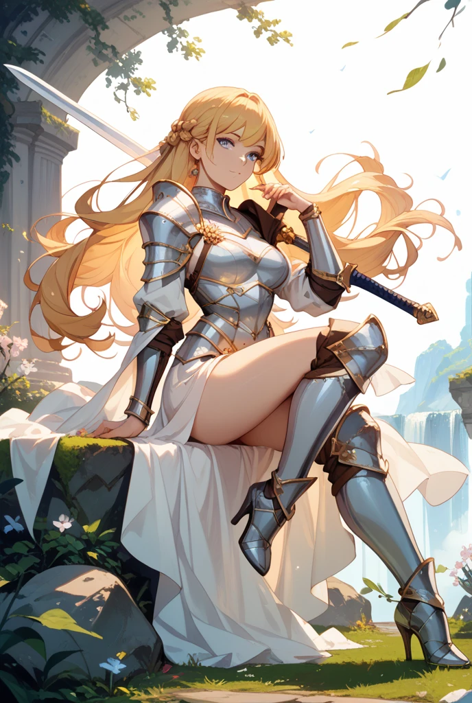 A full-body portrait of a young woman in anime style, with long, light blonde hair, framed by a white mantle adorned with golden details. She has intense blue eyes and wears a form-fitting blue armor with intricate engravings of leaves and flowers, and golden metal pieces covering her shoulders and arms. A dark brown leather belt with metallic buckles secures her armor at the waist. She wears brown leather boots, standing in a dynamic action pose. A cross-shaped pendant adorns her chest. The background features a blue sky with fluffy clouds, highlighting her majestic and noble appearance, visible from head to toe.