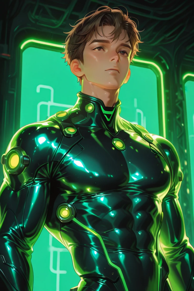 masterpiece, best quality, 8K, ultra res, extremely detailed,, Muscular hero standing in a futuristic laboratory, clad in a sleek black and green ensemble. His outfit consists of a form-fitting all black spandex suit, covering his whole body. The suit is Covered in translucent green mucus, giving it a wet look. He sports a very short haircut, with black hair and intense black eyes, standing expressionless. The background consists of a bright, high-tech lab, with futuristic machinery and gadgets surrounding him.