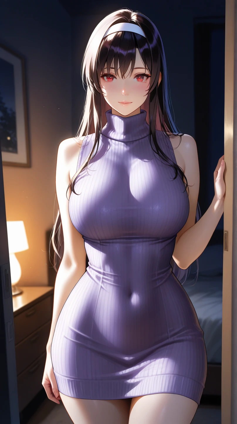 masterpiece, high resolution, beautiful woman, Korean Beauty, 30 years old, tight sports long sleeve, tight yoga pants, beautiful woman, night hotel, looking at me, (high resolution face), (high resolution eyes), (high quality eyes), black hair, purple eyes, little curvy