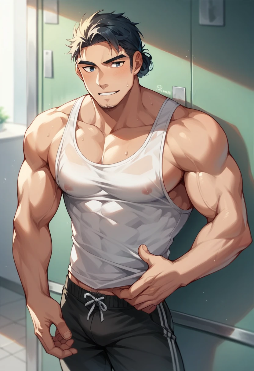 30 year old aunt, White skin color , Very voluptuous, He wears sports clothing very close to his body in phosphorescent colors., long straight black hair, it's a little hot