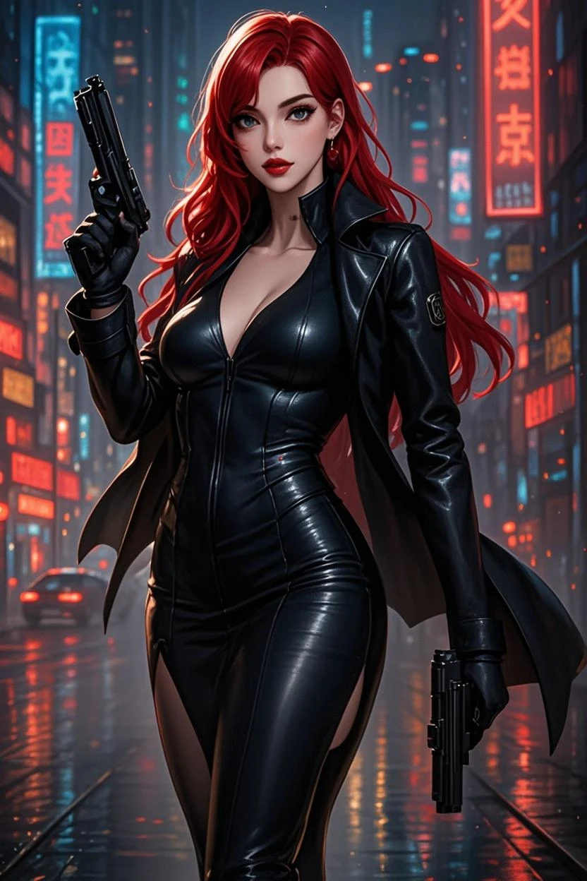A hot tall woman with long, flowing red hair and striking black eyes, wearing a form-fitting black dress that accentuates her curvaceous figure, standing in a dimly lit, moody urban setting, (best quality,4k,8k,highres,masterpiece:1.2),ultra-detailed,(realistic,photorealistic,photo-realistic:1.37),dramatic lighting, dark and moody color palette, cinematic composition, intricate details, fashion photography style