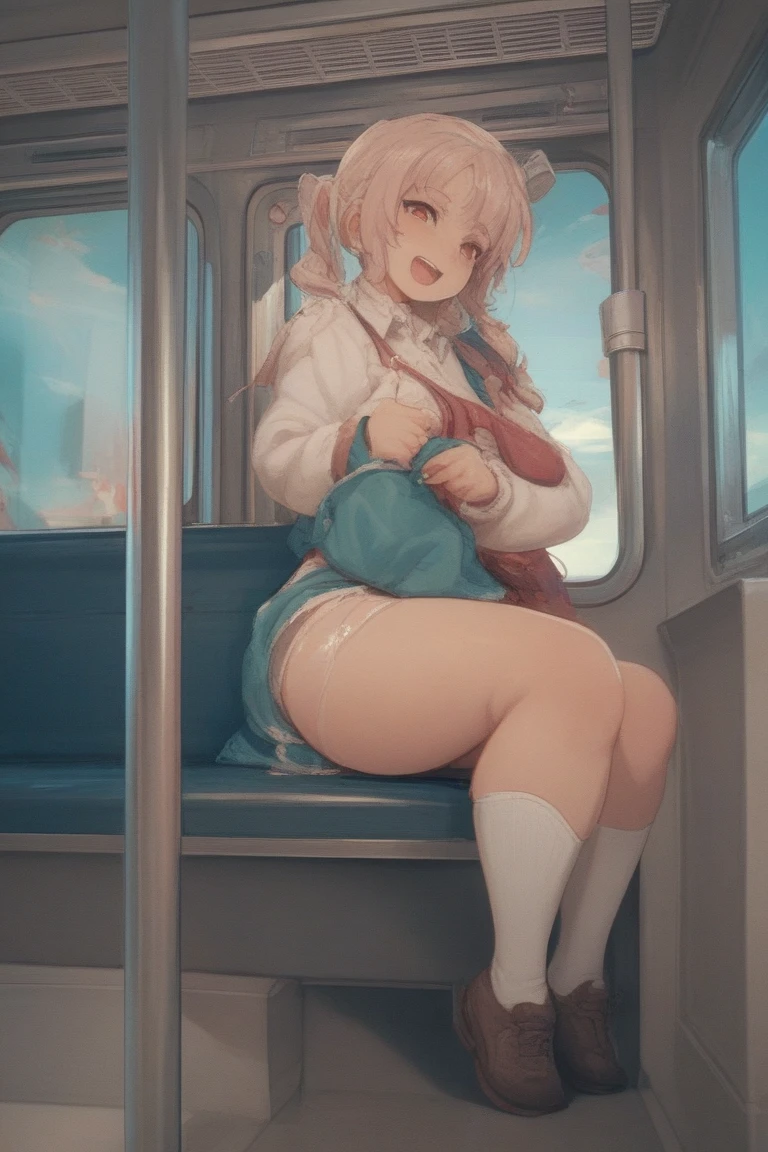 {{{{{perfect anatomy,anatomically correct}}}}},nsfw,(masterpiece:1.4),(best quality:1.3),full body,panty shot,front view,{anime artwork},game cg,ultra-detailed,detailed face,detail body,realistic skin,Ultra detailed eyes,{{nice hands,perfect hands,nice legs,perfect legs,the exact number of fingers,exact number of legs,exact number of arms}},(appropriate posture),(appropriate configuration),break,1girl,solo,(sitting on seat,open legs,knees up,show off panties,clothes grab,clothes lift:1.4),(loli_girl,petite_body,disproportionate breasts:1.4),pink hair,low twintails,{{clothes}},(beige mini sweater dress,bottomless,cleavage cutout,blue striped panties,pussy juice stain,cameltoe:1.4),deep red eyes,(embarrassed,aroused,seductive grin smug,blush,open mouth,tongue out:1.4),(cyber punk,cyber city,night sky,train:1.2)