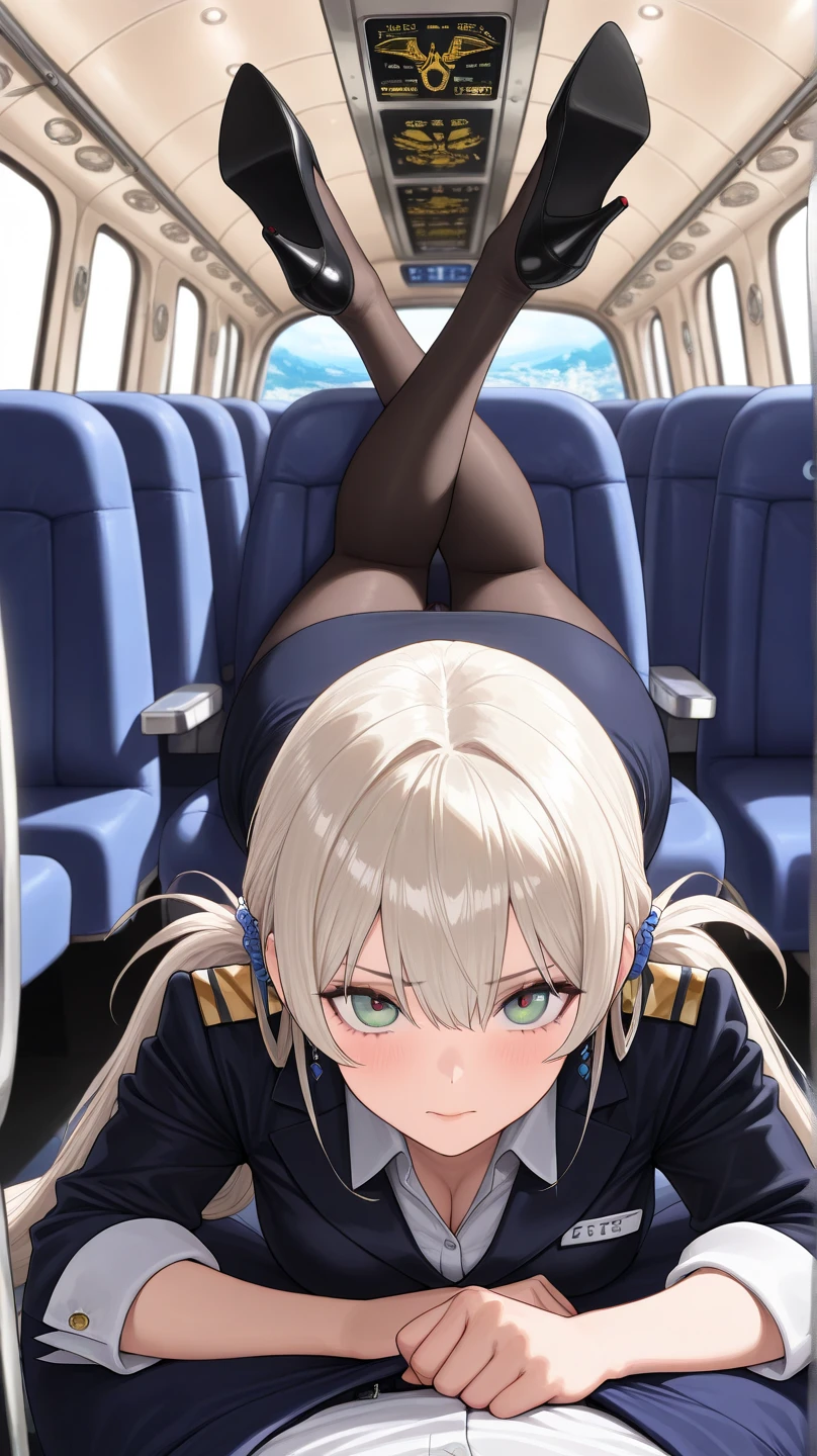 masterpiece, best quality, 1 girl, solo, 25 years old, small breasts, ingridms, hairpods, gloves, skirt, pantyhose, bow, dress, silver hair, black pantyhose, black panties under pantyhose, airplane interior, looking through legs,sitting