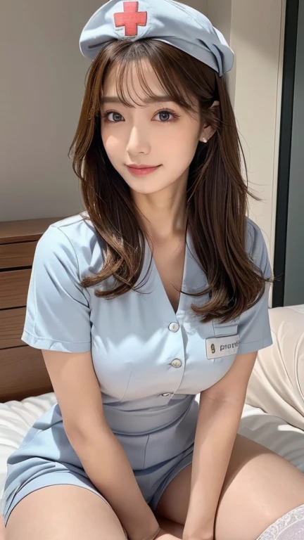 ((Best Quality, 8k, Masterpiece:1.3)), Focus:1.2, Perfect Body Beauty:1.4, Buttocks:1.2, ((Delicate Hair)), (Stylish Nurse Uniform:1.1) ,(Room, living room: 1.3), Highly detailed facial and skin texture, Fine eyes, Double eyelids, Whitening skin, Big breasts, smile, wearing a necklace,