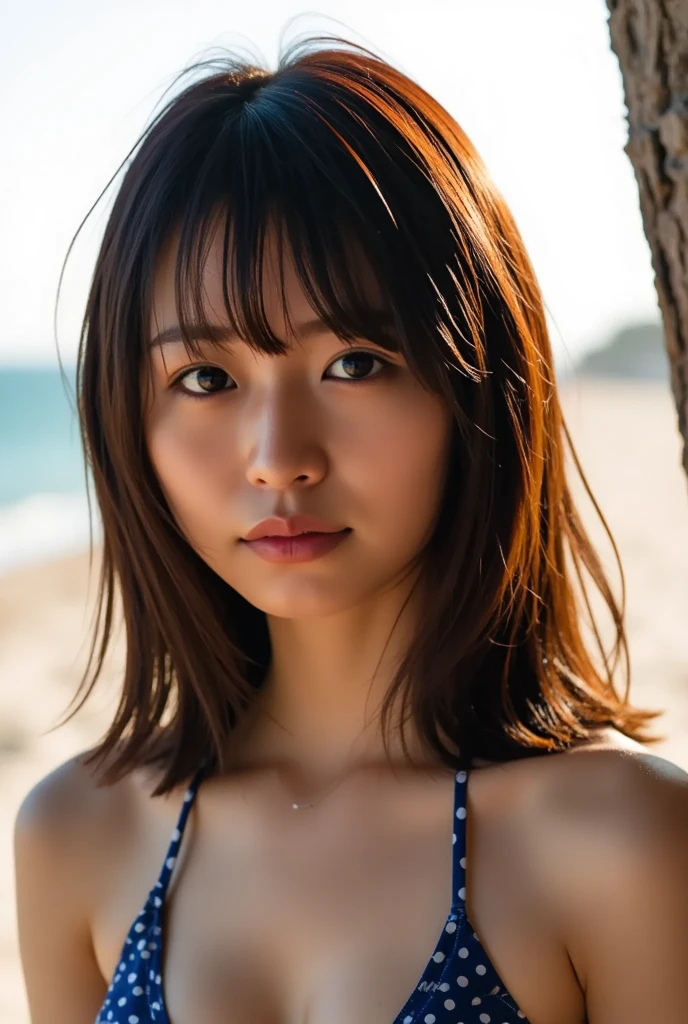 8k, highest quality, masterpiece, super high resolution, (realistic:1.4), RAW Photos, (Film Grain:1.3), One Girl, portrait of a skinny Japanese woman, 30 years old, standing on the beach, a cute face, detailed face, detailed eyes, {short|long} hair, correct body anatomy, wearing a bikini, photogravure