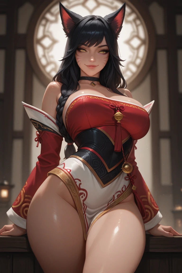 Ahri da league of legends,(best qualityer,4K,8k,high resolution, work of art:1.2)(weather: windy), 1girl, Japanese female, spirit forest background, red and white long sleeve korean kimono dress, cleavage, spirit sphere, cute makeup, thigh high boots, belt, long black hair, braided hair, fox ears, multiple fox tails, ultra detailed, realistic, portrait, beautiful detailed yellow eyes, beautiful detailed lips, extremely detailed eye and face, beautiful girl, long eyelashes, sexly, average, large breasts, beaming smile, combat stance, stunning curves, bright coloured, dramatic lighting,