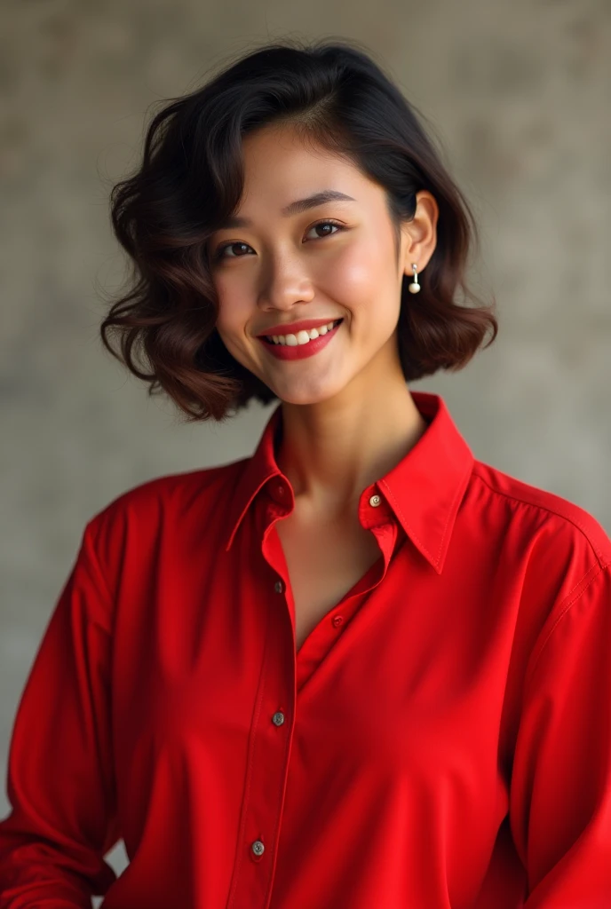 (8k, RAW photos, top quality, high resolution: 1.1), (ultra-realistic: 1.4), (realistic, photorealistic: 1.3), soft light, big, girls, realistic faces, realistic bodies, realistic skin, absurdity, masterpiece, (cute: 1.8), cuties, solo, (big: 1.2), detailed black eyes, innocent eyes, cheeks, (polo shirt: 1.2), cinema light, Film Grain, (((Short Bob Hair: 1.1)), Cherry Colored Lips, Close-up, Look Viewer, Upper Body, Open Lips, Upper Teeth, (Smiling Eyes: 0.6), ((grinning: 1.2)), Depth of Field, Blurred Background, Eye Focus, Bokeh, Young, 85mm Lens, f/1.4, Professional Lighting, Young, Portrait, Photon Mapping, Radiocity, Physically Based Rendering