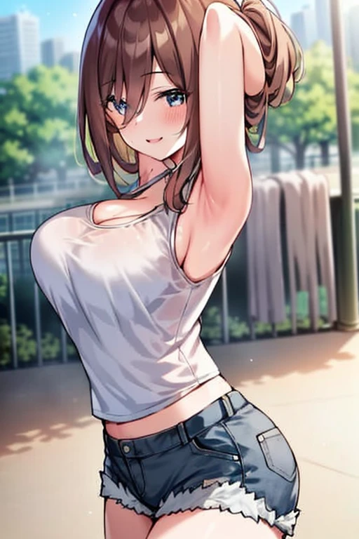 girl, teen, bare above the waist, brown eyes, brown ponytail, tall, light skin color, blue jeans, big breasts, a blue star tattoo on her back, on the street, flushed cheeks, 8K Image Quality