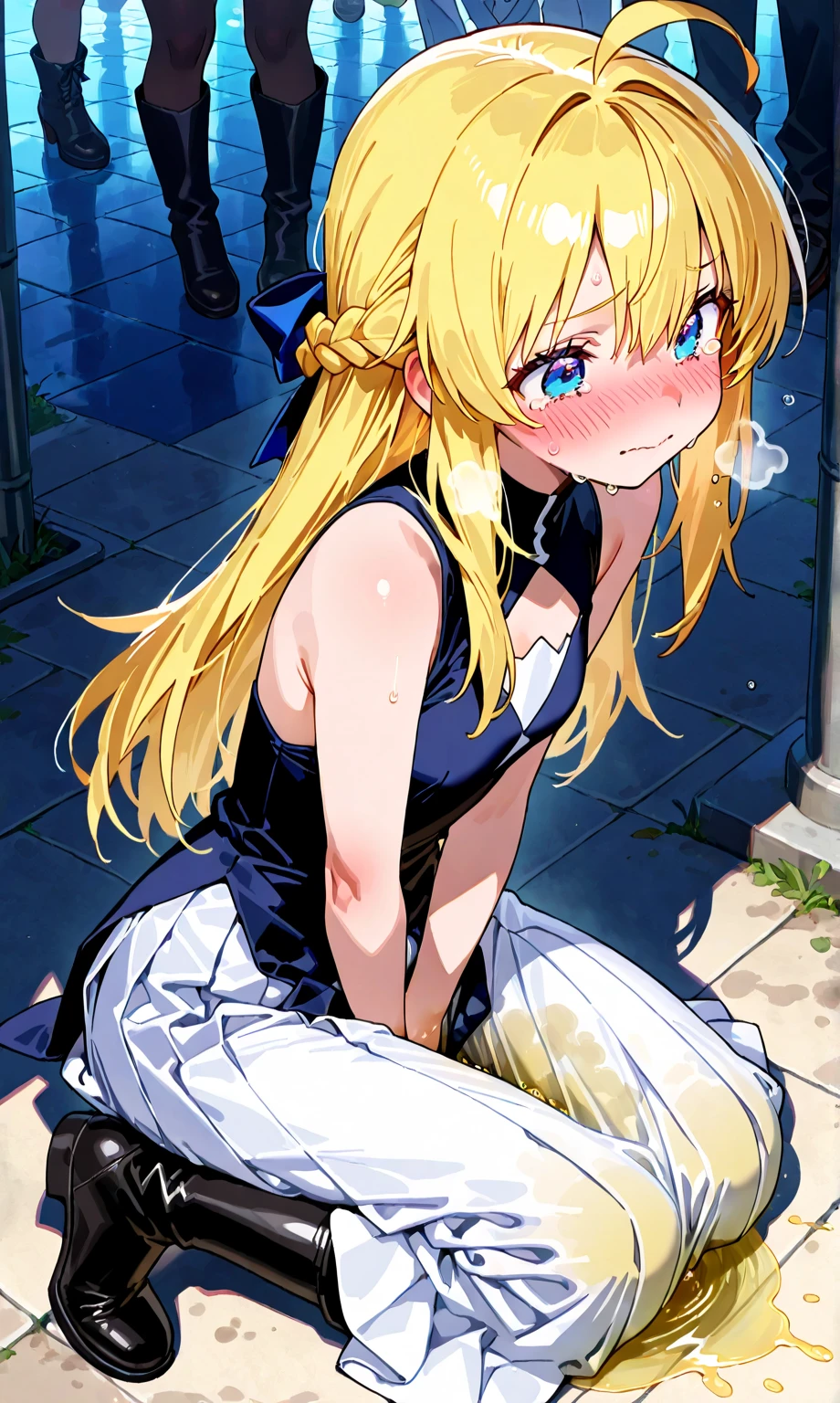 (highest quality:1.37), (masterpiece:1.37), HDR, physically-based rendering, bokeh, (cinematic lighting:1.37), CocoliaV5, standing. The artwork is inspired by manga and incorporates a doujin style. The woman appears to be (wetting herself:1.5), which causes her to feel embarrassed and humiliated, resulting in a blush on her face. In addition, there is an air of anger in her expression. The lighting in the scene is moody, with a spotlight highlighting the woman's figure, her arms are crossed (arms crossed:1.5), (crossing arms:1.5), pee stain, peeing stain on her (yoga pants)., large breasts, skinny