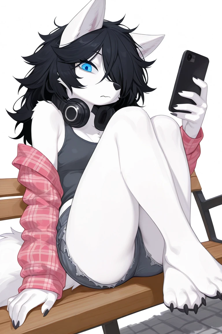 Solo, score_9,score_8_up,score_7_up, a young nerdy Anthro furry wolf woman, wolf snout, white furry body, tall, long black messy hair, black hair, hair in a pony tail, hair covering one eye, white wolf tail, black glasses, blue eyes, white wolf ears, white wolf tail, small breasts, naked, blowjob, she is sucking a human males cock, looking away, cheek bulge, holding a ps4 gaming controller, pouting, simple grey background, side view