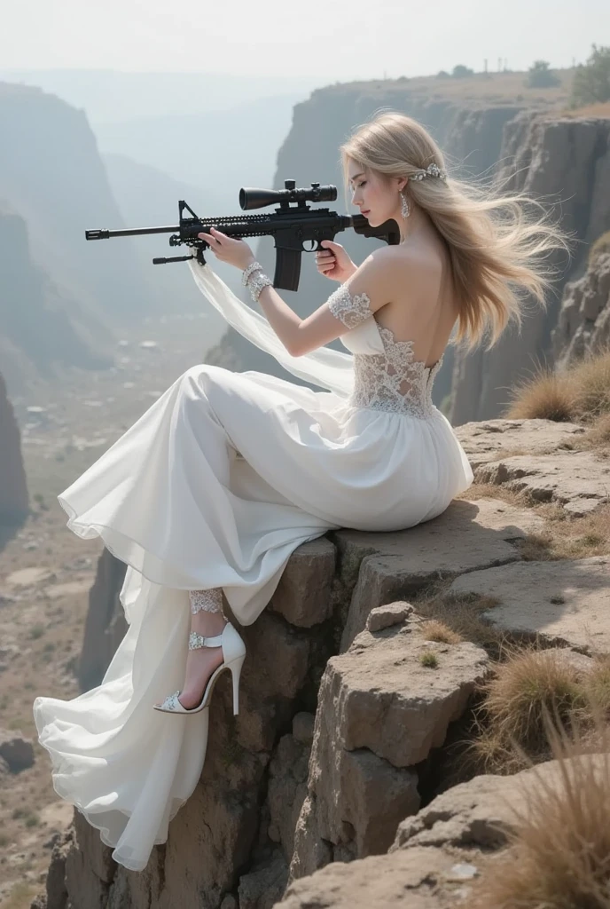A beautiful sniper with a scope aims at the roof of a building with a sniper rifle equipped with a scope,Golden ratio,Chinese big breasts,teens girl,The skin is white and rounded,Youthful、Pink lingerie,A short skirt with white floral flowers、Open navel、long whitr hair、Tall guy、Large sniper rifle equipped with a sniper sight and silencer、Black Hair Color,full bodyesbian、photorealestic、skin highlights,with tattoos、largeeyes、perfect anatomia