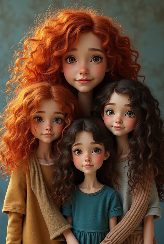 An 8-year-old elementary, a girl with red hair and braces, another with brown hair and brown eyes, and also she has bangs and is small, and a boy with black and curly hair and dark skin