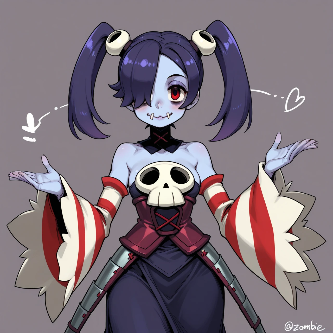wavy, 1 loli, solo, small breasts, looking at viewer, bare shoulders, open sleeves, hair over one eye, red eyes, side ponytail, a ponytail, loose collar, skull, ((blue skin)), stitches, zombie, striped sleeves, stitched mouth, extremely detailed, highly detailed, perfect face, beauty, perfect eyes ((skeletal arm, vivid tails, big butt, big lips)), baggy eyes, makeup, big eyelashes, cute, adorable , serious, ((leviathan: 1.3)), full body, in lingerie, ecchi anime style, full body art, ecchi style, anime character, kneeling