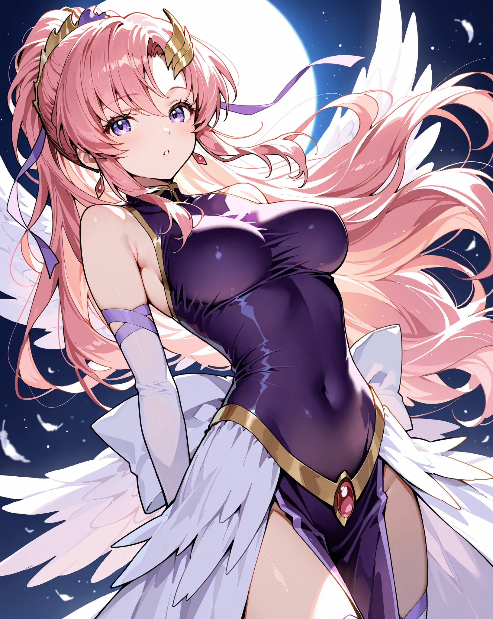 (masterpiece）、（Highest image quality）、（Super detailed）、（extremely detailed）、4K、（8K）、Highest image quality、（beautiful）、
more campbell, 1 girl, star hair ornaments, hair ornaments, pink hair, long hair, gloves, Leotard Purple leotard, white leotard, leotard that bites、(gigantic_tits:1.2)、thick thighs、,light smile､dynamic pose､gravure､dynamic angle、noise removal､emphasis on crotch､chest enhancement,open_legs