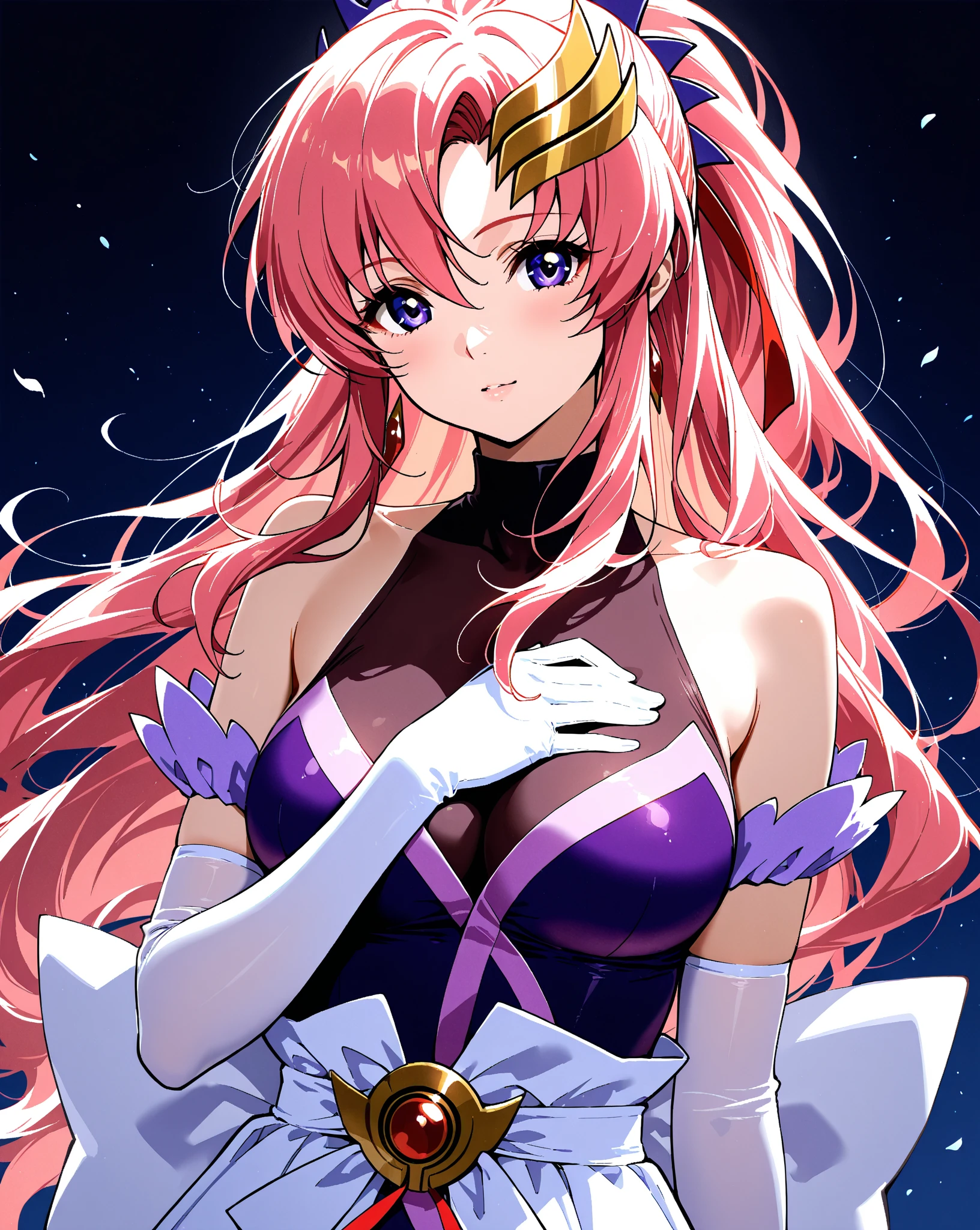 (masterpiece, 4k, best quality, anime style: 1.9, bold drawing lines, high saturation, space background, detailed face, tall, adult woman, lovely, (white background), drawing lines, highres, anime, lacus4. white dress with pink design), 1girl, solo, curvy figure, long hair, clavicle, shoulder bone, wavy hair, detailed wide hair bang, thighs, hair ornament, detailed reddish pink hair, cleavage, big hands, big blue eyes, off-shoulder, MEDIUM breasts, smile, open mouth very much, very slim belly, dancing, leaning forward, very happy