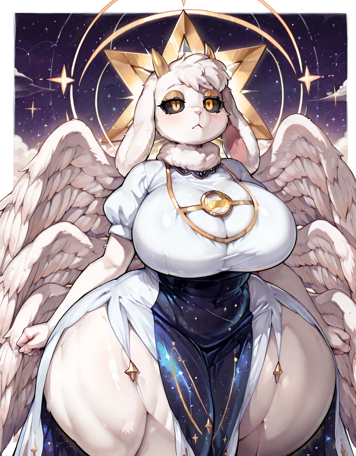 Angel arctic wolf, female, long white hair,huge breasts, huge hips, huge thighs, plump, voluptuous, gorgeous, beautiful, eyelashes,white halo,white feathery wings,fluffy tail, fluffy forearms, fluffy hair, fluffy arms,blue eyes ,huge body, corpulent, massive silhouette, feminine , chubby ,white angel halo,white angel halo, white angel halo , glistening eyes ,hair reaches the ground,