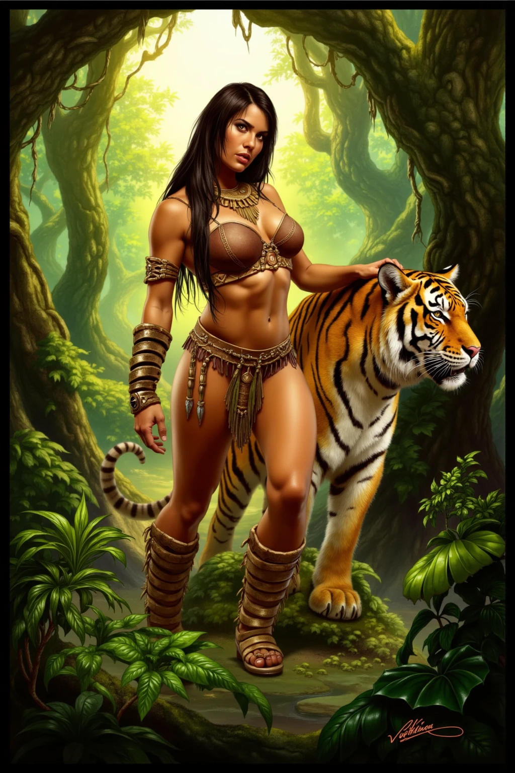 1 fit teenage borneo indigenous girl, (((slender abs:1.1))), wearing feather tribal head dress and hunting gears, standing hero pose naked with a large and angry siberian tiger, (((nsfw:1.5))), large breast, show girl genitalia, cover in battle scar, tribal tatoo, no dress upper and lower body, leg open wide to show vaginal and breast, hyper realistic, lifelike texture, dramatic lighting, Nikon RAW photo, 8k, Fujifilm XT3,CitrineDreamMix, masterpiece, best quality, realistic, (photorealistic:1.4), ultra detailed, full body visible, (extremely detailed CG unity 8k wallpaper,masterpiece, best quality, ultra-detailed),(best illumination, best shadow, an extremely delicate and beautiful), (powerful and feminine), (jungle setting, depth of field, sunshine through trees, leaves, greenery, spirit animals)