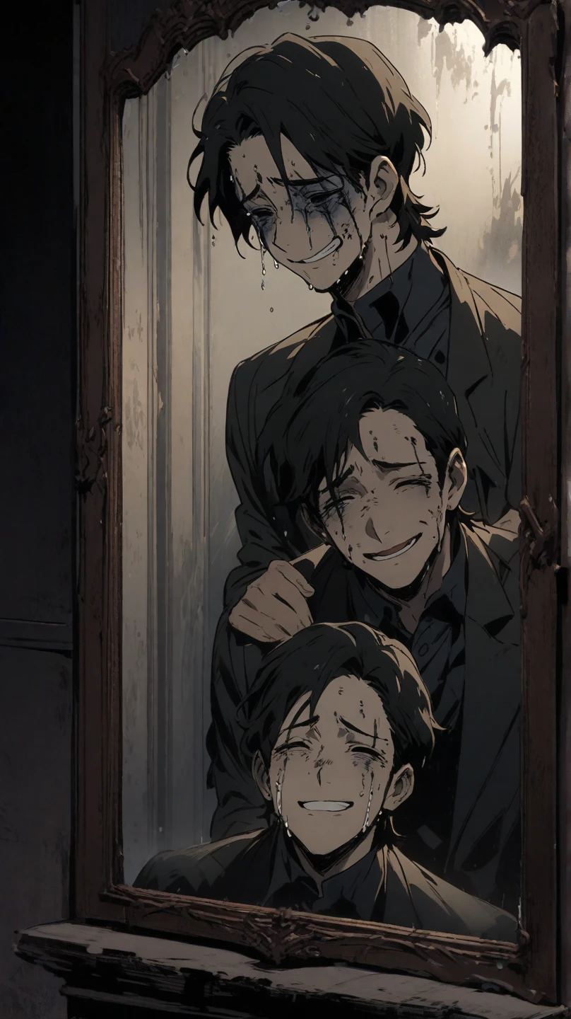 A handsome man with a slim figure, short black hair, black eyes and a smiling face with a bloodstained mouth. A handsome slim man with a sad and hopeless face, short brown hair and brown eyes who was hugging.