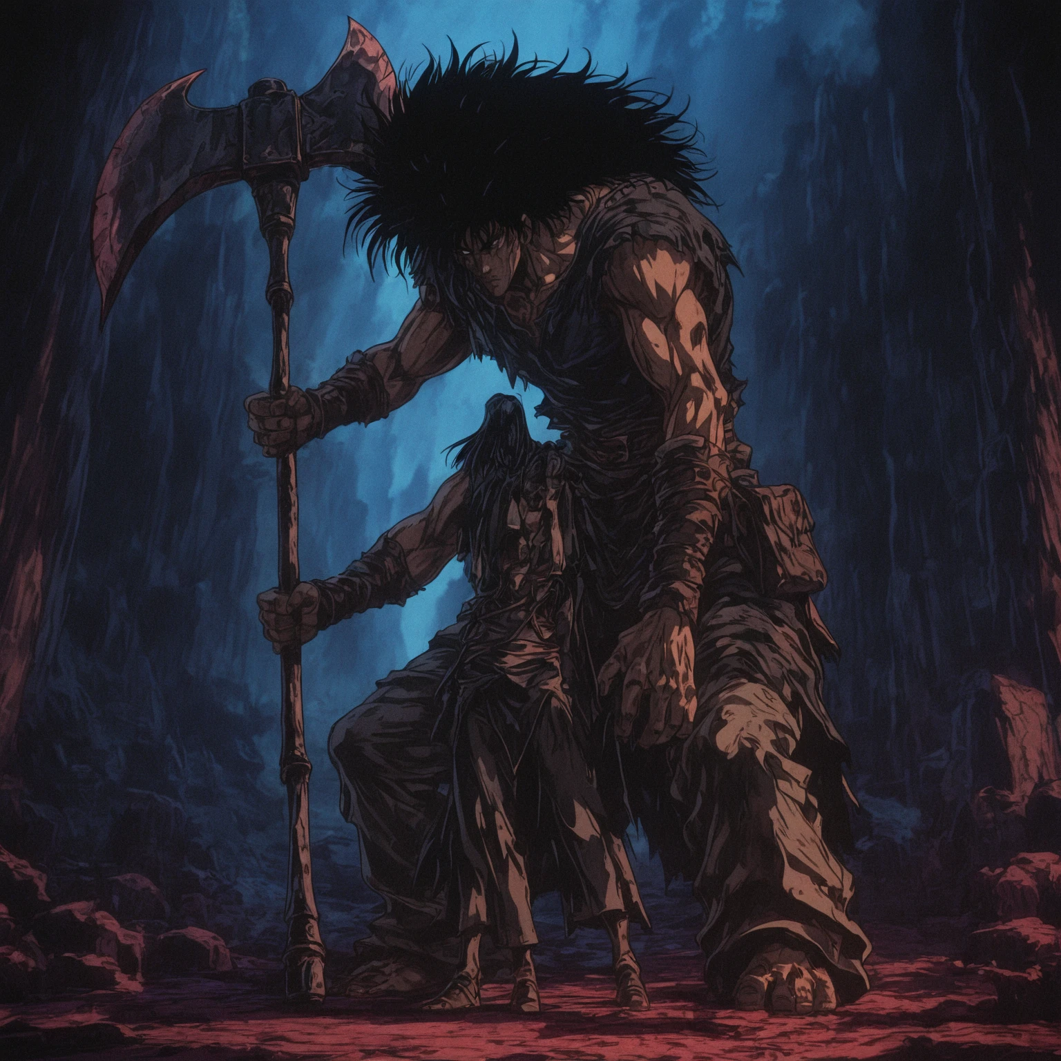 two images of a man with a sword and a demon with a skull on his shoulder, ninja scroll anime style, anime ninja scroll, style in ghibli anime, in a anime masterpiece, style of gurren lagann (2007), rob rey and kentaro miura style, boromir in an 80\'s anime world, award-winning anime style
