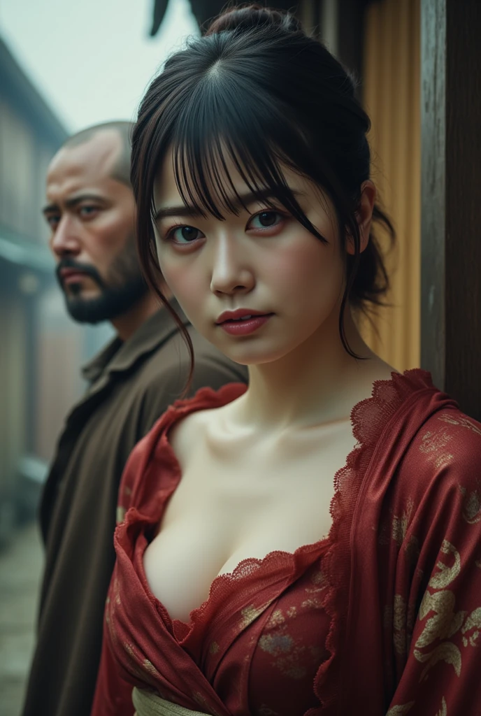 ((Female ninja))、facial mix of phoebe cates, (top-quality、8K、32K、masterpiece、超A high resolution、nffsw:1.3)、(Japan idol:1.3)、1girl in、(Colossal tits:1.25)、(short-hair)、abdominals、the perfect body、((Takan Ninja)), Delicate facial features, Ultra-realistic, Hyper-realistic, clavicle、Shadow、octan render、(((Mystical expression))),((Wear a beautiful kimono with a high degree of exposure)),hyperdetailed face、Detailed lips、finely eye、double eyelid、(charming)、((agitation:1.5))、maikurobikini、((Navel))、Armpit、((Female ninja)),Kunoichi Ninja、Throw shurikens、Japan holding a sword、Mystical expression、shrine background、Old Town of Japan、((heavy breasts)),(((Fierce battles with ninjas))),