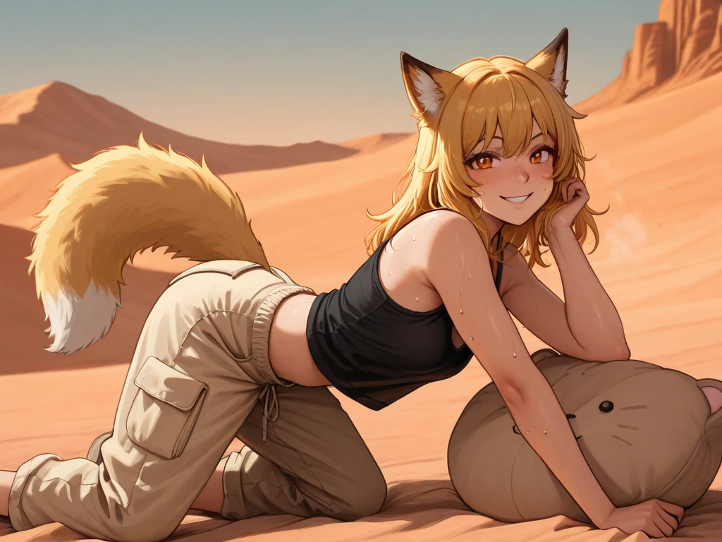 Solo, score_9,score_8_up,score_7_up, source_cartoon, kat, Anthro furry feline, female, tall slender body, blonde, (long hair swept to one side):1.4, long undercut hair, hair covering one eye, pink nose, blue eyes, white whiskers, hourglass figure, silver fur, grey stripes, furry body, wearing black bra, naked, lying on a bedroll on the ground, indoors, in a tent, nighttime:1.5, legs spread, blushing, flustered expression, spreading her pussy lips with fingers, looking down at her pussy, barefoot, plantigrade feet paws 4 toes